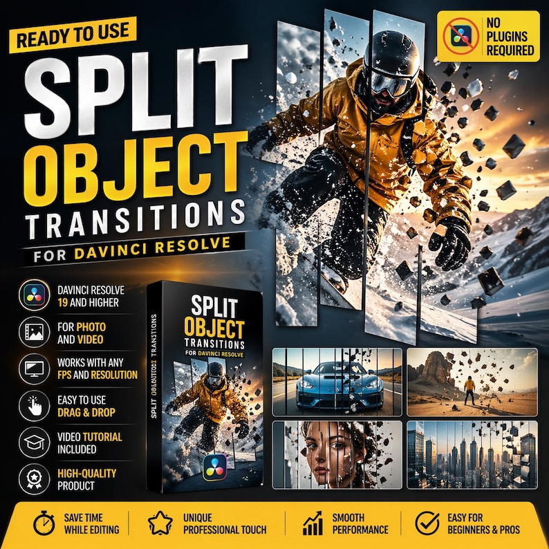 May include: Promotional graphic for "Split Object Transitions" for DaVinci Resolve. The image features a snowboarder in a yellow jacket, a product box, and example transition effects. Text includes "Ready to Use," "No Plugins Required," and features like "Easy to Use Drag & Drop."
