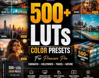 May include: A digital product advertisement for 500+ LUTs color presets for Premiere Pro. The graphic features before and after photo comparisons, a 3D cube display, and text detailing compatibility with Premiere Pro CC 2025 and above.