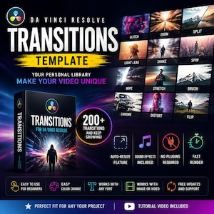 Op de afbeelding: Promotieafbeelding voor DaVinci Resolve-overgangen. De afbeelding toont een productdoos met de tekst "Transitions voor DaVinci Resolve" en toont verschillende overgangseffecten zoals "Glitch", "Zoom" en "Split". De afbeelding benadrukt ook functies zoals automatisch formaat wijzigen en geluidseffecten.