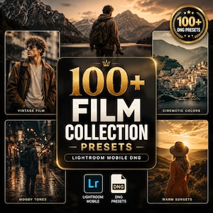 May include: A digital collection of 100+ film presets for Lightroom Mobile, featuring a central black and gold graphic with the text 100+ FILM COLLECTION PRESETS, surrounded by four photographic examples of vintage, cinematic, moody, and sunset tones.