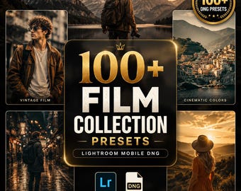 May include: A digital collection of 100+ film presets for Lightroom Mobile in DNG format. The graphic features a central black and gold badge with the text 100+ FILM COLLECTION PRESETS, surrounded by four photographic examples showing various lighting.