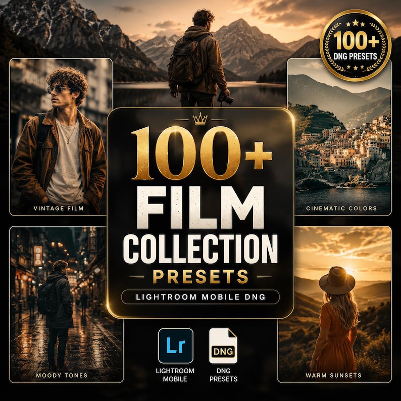 May include: A digital collection of 100+ film presets for Lightroom Mobile, featuring a central black and gold graphic with the text 100+ FILM COLLECTION PRESETS, surrounded by four photographic examples of vintage, cinematic, moody, and sunset tones.
