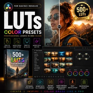 Puede incluir: Un anuncio de producto digital para 500+ LUTs y ajustes preestablecidos de color para DaVinci Resolve. El gráfico muestra un efecto de antes y después en pantalla dividida, una interfaz de software con filtros y una caja con montañas.