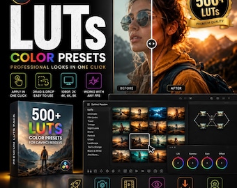 May include: A digital product advertisement for 500+ LUTs color presets for DaVinci Resolve. The graphic displays a split-screen before and after photo effect, a software interface showing a grid of color filters, and a box with mountain imagery.