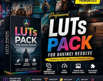 May include: A product box labeled "LUTS PACK FOR DAVINCI RESOLVE" with a mountain landscape graphic. The image also features the text "200+ PREMIUM LUTS" and various icons indicating features like fast render and easy color change.
