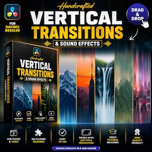 Puede incluir: Caja de producto para "Handcrafted Vertical Transitions & Sound Effects" para DaVinci Resolve. La imagen presenta una caja negra con el nombre del producto en letras blancas grandes y una serie de ejemplos de transición vertical. El texto adicional incluye "No Photo Required", "Easy to Use" y "Drag & Drop Method".