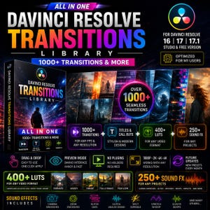 May include: A promotional graphic for a DaVinci Resolve transitions library. The design features the text "DaVinci Resolve Transitions Library" with the tagline "1000+ Transitions & More." It includes icons for transitions, titles, LUTs, and sound effects, along with sample video stills.