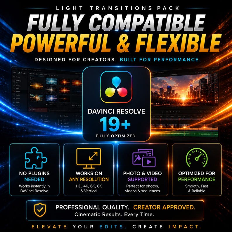 May include: A promotional graphic for a light transitions pack. The text reads "FULLY COMPATIBLE, POWERFUL & FLEXIBLE" with "DAVINCI RESOLVE 19+". Features include "NO PLUGINS NEEDED", "WORKS ON ANY RESOLUTION", and "PHOTO & VIDEO SUPPORTED".