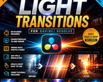 May include: A promotional graphic for a "Premium Transitions Pack" for DaVinci Resolve. The design features the text "LIGHT TRANSITIONS" in large, bold letters, with supporting text and icons indicating features like "Easy Drag & Drop" and "Video Tutorial Included."