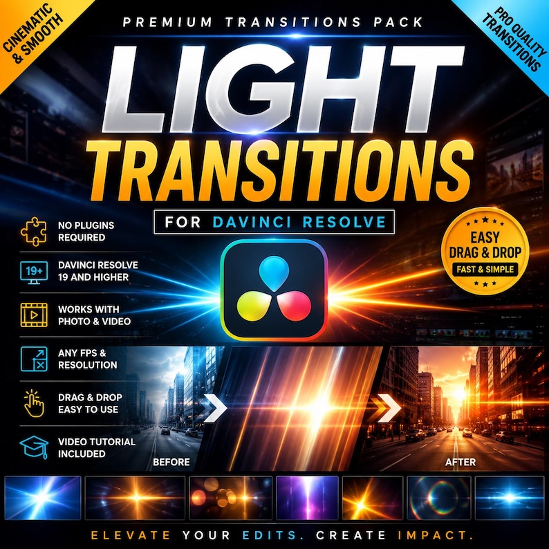 May include: A promotional graphic for a "Premium Transitions Pack" for DaVinci Resolve. The design features the text "LIGHT TRANSITIONS" in large, bold letters, with supporting text and icons indicating features like "Easy Drag & Drop" and "Video Tutorial Included."
