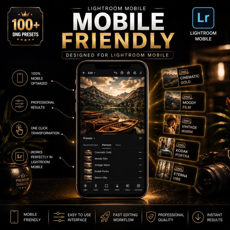 May include: A digital graphic displaying 100+ DNG presets for Lightroom Mobile. The central smartphone screen shows a landscape photo of boats on a lake. Text includes Mobile Friendly, Cinematic Gold, Moody Film, Vintage Warm, Kodak Portra, and Eterna Vibe.