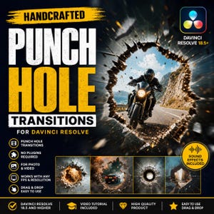 May include: A promotional image for "Punch Hole Transitions" for DaVinci Resolve. The graphic features a motorcycle rider bursting through a hole, with text overlayed. Includes sound effects and video tutorial. Easy to use with any FPS and resolution.