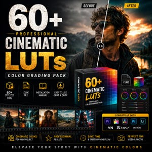 May include: A promotional image for a color grading pack. The image features the text "60+ Professional Cinematic LUTs Color Grading Pack". It includes a box with the same text, a before and after photo comparison, and icons for stylized LUTs, cube file, installation manual, and drag & drop.