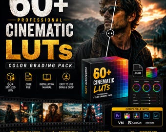 May include: A promotional image for a color grading pack. The image features the text "60+ Professional Cinematic LUTs Color Grading Pack". It includes a box with the same text, a before and after photo comparison, and icons for stylized LUTs, cube file, installation manual, and drag & drop.