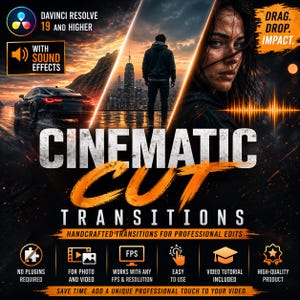 Może przedstawiać: Grafika promocyjna dla przejść edycji wideo. Obraz zawiera tekst "CINEMATIC CUT TRANSITIONS" z dodatkowym tekstem wskazującym na kompatybilność z DaVinci Resolve 19 i nowszymi wersjami, efektami dźwiękowymi i możliwością przeciągania i upuszczania.