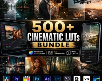 May include: A digital bundle of 500+ cinematic LUTs for professional color grading, featuring a laptop and smartphone displaying photo editing interfaces, alongside various before-and-after image examples and software icons for video editing applications.