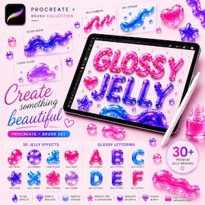 May include: A digital Procreate brush collection featuring glossy jelly-style lettering and shapes. The display shows a tablet screen with the text GLOSSY JELLY in pink and blue, surrounded by various 3D jelly effects, icons, and labels.