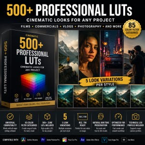 May include: A product box with the text "500+ PROFESSIONAL LUTS" and "Cinematic Looks for Any Project." The image includes examples of photo and video editing, with the text "5 Look Variations Per Style" and "85 Color Filter Categories."