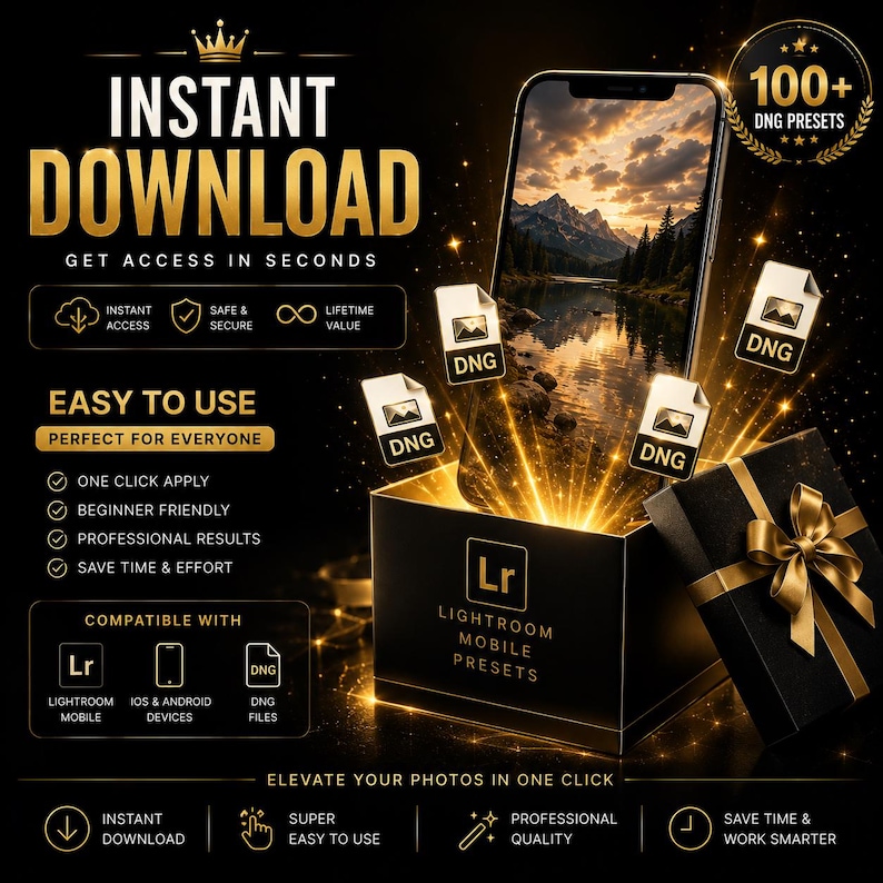 May include: A digital product advertisement for Lightroom mobile presets featuring a smartphone displaying a mountain landscape, floating DNG file icons, and a black gift box with a gold ribbon, all set against a dark background with gold text.