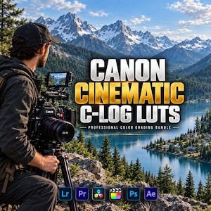 Puede incluir: Un anuncio de producto digital para Canon Cinematic C-Log LUTs, un paquete profesional de gradación de color. El texto se superpone sobre un paisaje de montañas y un lago. Los iconos de software para Lightroom, Premiere, DaVinci Resolve, Final Cut, Photoshop y After Effects se muestran en la parte inferior.