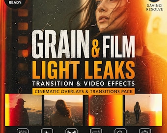 May include: A promotional graphic for video editing effects. The image features a woman's face and the text "GRAIN & FILM LIGHT LEAKS" in large white and orange letters. Additional text includes "TRANSITION & VIDEO EFFECTS" and "CINEMATIC OVERLAYS & TRANSITIONS PACK."
