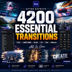 May include: A digital graphic for an After Effects 4200 Essential Transitions motion graphics toolkit. The design features the text 4200 ESSENTIAL TRANSITIONS, All In One, and CREATE WITHOUT LIMITS, alongside various video effect previews and software panels.