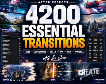 May include: A digital graphic for an After Effects 4200 Essential Transitions motion graphics toolkit. The design features the text 4200 ESSENTIAL TRANSITIONS, All In One, and CREATE WITHOUT LIMITS, alongside various video effect previews and software panels.