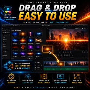 May include: A promotional image for a DaVinci Resolve light transitions pack. The graphic features the text "DRAG & DROP EASY TO USE" in large, bold letters. The image showcases various light transition effects and promises professional results in seconds.
