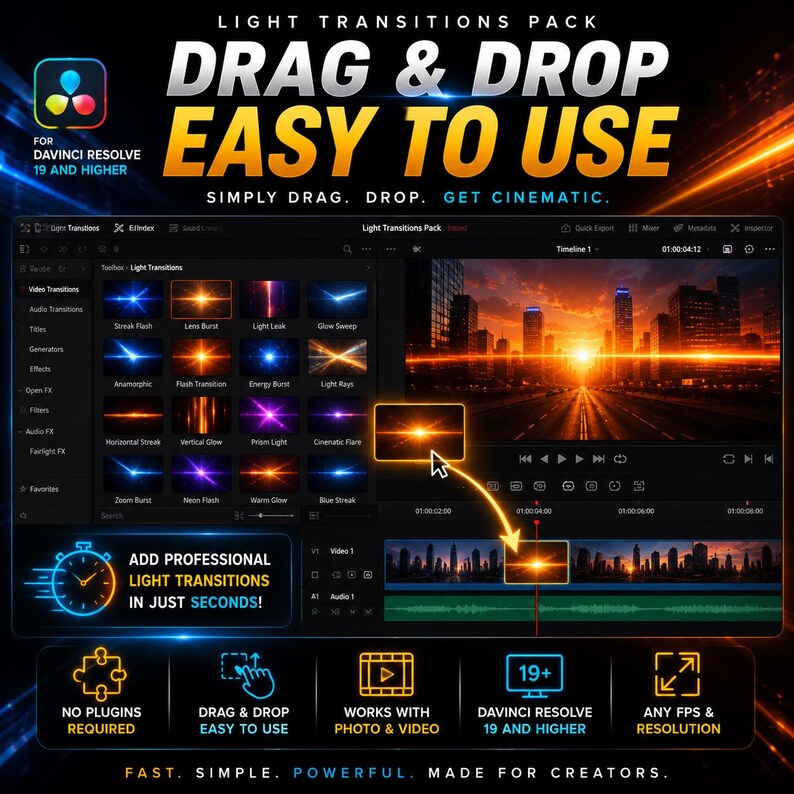 May include: A promotional image for a DaVinci Resolve light transitions pack. The graphic features the text "DRAG & DROP EASY TO USE" in large, bold letters. The image showcases various light transition effects and promises professional results in seconds.