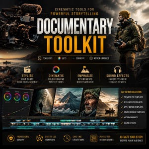 Może przedstawiać: Obraz promocyjny dla "Documentary Toolkit" z tekstem i grafiką. Obraz przedstawia osobę z aparatem, kamerą wideo i różnymi ikonami reprezentującymi narzędzia do edycji wideo. Tekst zawiera "Cinematic Tools for Powerful Storytelling."