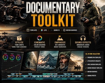 May include: A promotional image for a "Documentary Toolkit" with text and graphics. The image features a person with a camera, a video camera, and various icons representing video editing tools. The text includes "Cinematic Tools for Powerful Storytelling."