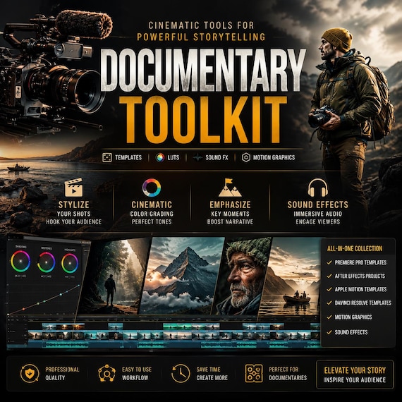 Documentary Filmmaker Toolkit | Cinematic LUTs, Templates, Motion Graphics & Sound Effects Bundle