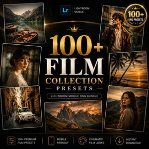 May include: A digital collection of 100+ film presets for Lightroom Mobile, featuring a black background with gold text and a crown icon. The display includes six sample photographs showing landscapes, portraits, a car, and a sunset, with icons for mobile compatibility and instant download.