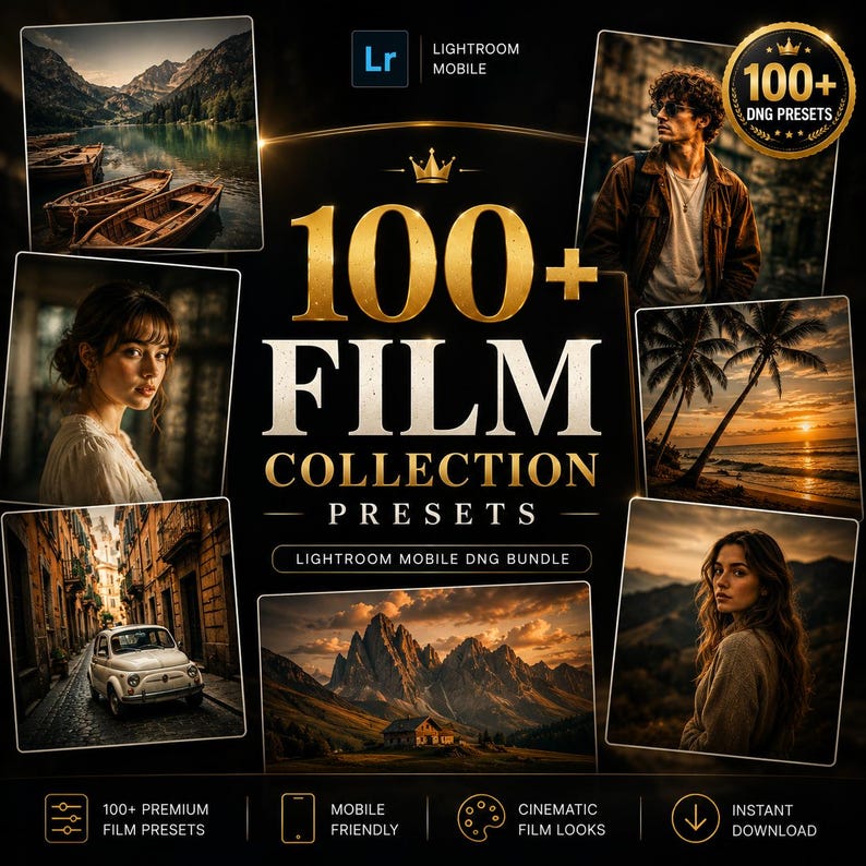 May include: A digital collection of 100+ film presets for Lightroom Mobile, featuring a black background with gold text and a crown icon. The display includes six sample photographs showing landscapes, portraits, a car, and a sunset, with icons for mobile compatibility and instant download.