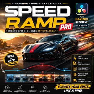 May include: Promotional image for Speed Ramp Pro, a video editing tool for DaVinci Resolve. The image features a black sports car with red stripes, a graphic interface, and text that reads "Create Epic Moments Effortlessly." Additional text highlights features like drag and drop functionality and high-quality transitions.