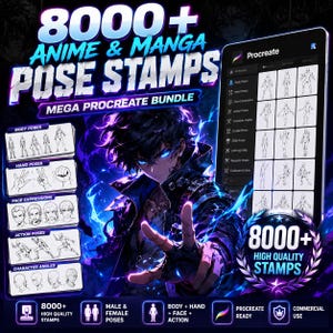 Könnte beinhalten: Ein digitales Paket mit über 8000 Anime- und Manga-Posenstempeln für Procreate, das eine zentrale Charakterillustration mit leuchtend blauen Augen und Energie sowie eine Tablet-Oberfläche mit verschiedenen Posenkategorien zeigt.