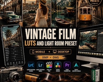 May include: A digital collection of 30 vintage film LUTs and Lightroom presets for mobile and desktop. The display features sample photography, a smartphone, a computer monitor, and two film canisters labeled Kodak 400 and Fujifilm 200.
