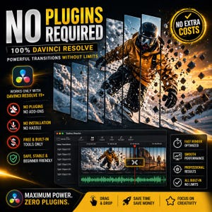 May include: A promotional image for DaVinci Resolve software, highlighting its features. The image features a skier in motion, split across several panels, with text emphasizing "No Plugins Required" and "Powerful Transitions." Additional icons and text describe the software's capabilities.