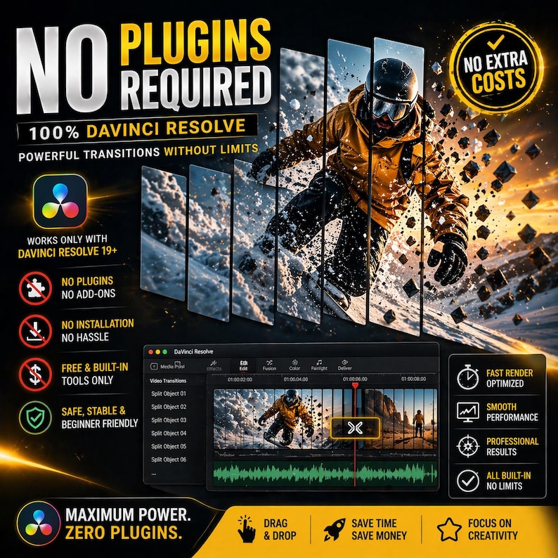 May include: A promotional image for DaVinci Resolve software, highlighting its features. The image features a skier in motion, split across several panels, with text emphasizing "No Plugins Required" and "Powerful Transitions." Additional icons and text describe the software's capabilities.