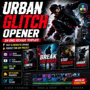 Peut inclure: Graphique promotionnel pour un modèle d'intro vidéo. Le design présente le texte "URBAN GLITCH OPENER" en blanc et rouge, avec une image stylisée d'une personne portant une casquette. Comprend des espaces réservés, du texte et une résolution HD.