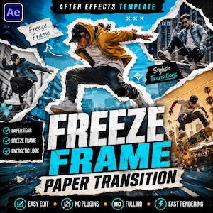 Puede incluir: Una plantilla de After Effects titulada Freeze Frame Paper Transition que presenta un collage de fotografía de acción dinámica. El diseño incorpora bordes de papel rasgado, tonos azules y amarillos, y elementos de texto como Easy Edit, No Plugins y HD Full HD.