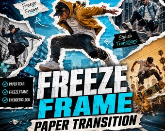 May include: An After Effects template titled Freeze Frame Paper Transition featuring a collage of dynamic action photography. The design incorporates torn paper edges, blue and yellow color tones, and text elements including Easy Edit, No Plugins, and HD Full HD.