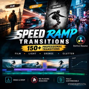 May include: A digital product advertisement for Speed Ramp Transitions for DaVinci Resolve, featuring four panels showing film, light, grunge, and clutter effects. The graphic includes text, a timeline interface, and icons for drag and drop features.
