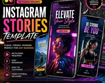 May include: An advertisement for Instagram Stories templates, featuring three smartphones displaying different designs. The templates are for Davinci Resolve 18 and include features like easy customization, fast rendering, and no plugins required. The design is modern and trendy.
