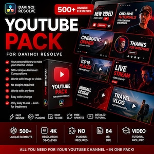 Op de afbeelding: Een promotionele afbeelding voor een YouTube-pakket voor DaVinci Resolve. Het ontwerp toont een zwarte doos met een YouTube-logo, omringd door thumbnails met video-elementen. Tekst benadrukt 500+ unieke elementen, 4K-resolutie en gebruiksgemak.
