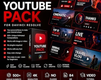 May include: A promotional graphic for a YouTube pack for DaVinci Resolve. The design features a black box with a YouTube logo, surrounded by thumbnails showcasing video editing elements. Text highlights 500+ unique elements, 4K resolution, and ease of use.