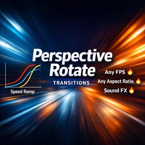 May include: A digital graphic with the words "Perspective Rotate Transitions" in white. The image has a blue and orange background with speed lines. Additional text includes "Any FPS", "Any Aspect Ratio", and "Sound FX". A graph labeled "Speed Ramp" is also present.