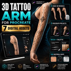 May include: A digital asset pack for Procreate featuring a 3D tattoo arm model with geometric designs. Includes 3 USDZ models, 2 Procreate projects, a brush set, skin tone swatches, and PBR material maps for base color, metallic, and roughness.