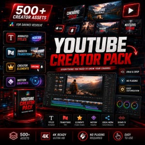 Peut inclure: Un pack de création numérique intitulé YouTube Creator Pack pour DaVinci Resolve, comprenant plus de 500 ressources telles que des titres animés, des transitions fluides, des éléments de création et des graphiques animés, avec interface.