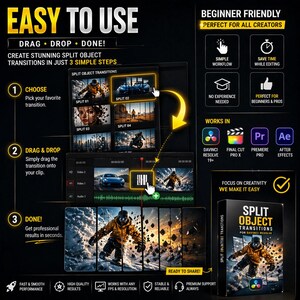 May include: An advertisement for "Split Object Transitions" software. The graphic shows a step-by-step guide: choose a transition, drag and drop it, and get professional results. Compatible with DaVinci Resolve, Final Cut Pro X, Premiere Pro, and After Effects.